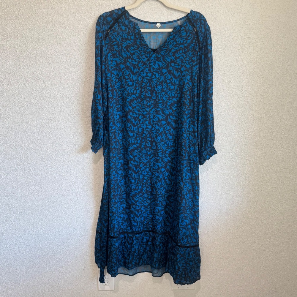 Margaret O'Leary Blue‎ Black Botanical Leaf Print Midi Dress Boho Preppy S